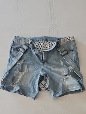 Light Wash Distressed Denim Shorts with Adjustable Straps